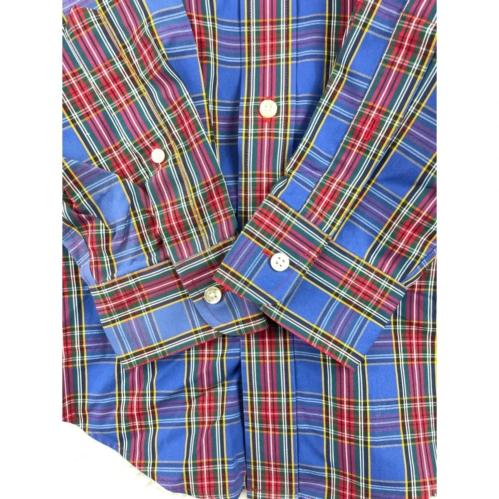 Lands End No Iron Button Down Shirt Mens 14.5-32 Blue Plaid Tailored Fit Preppy